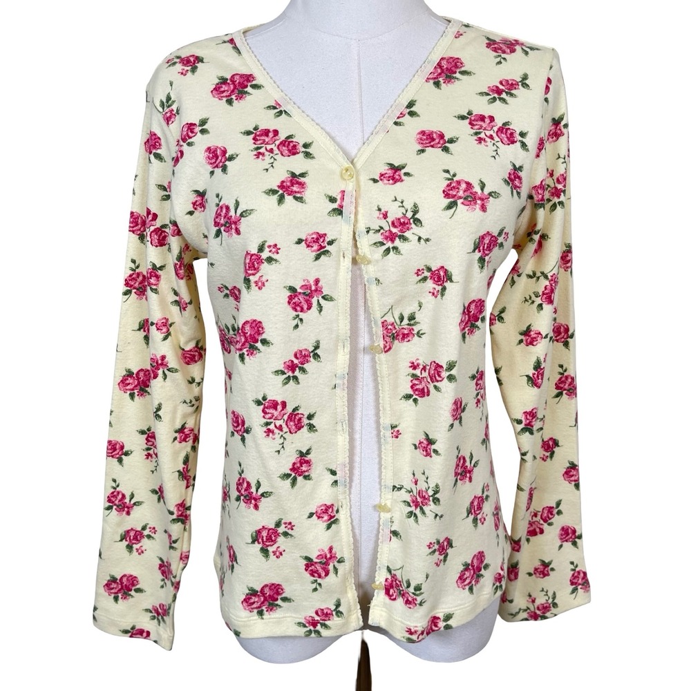 Vintage Old Navy Floral Cardigan S/M Yellow Pink Rose Ribbed Knit V-Neck Y2K